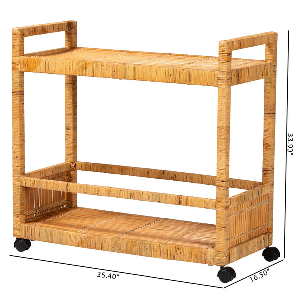 English Elm Modern Rattan Two-tier Rolling Kitchen Cart with Woven Texture and Bohemian Flair B2750P467706