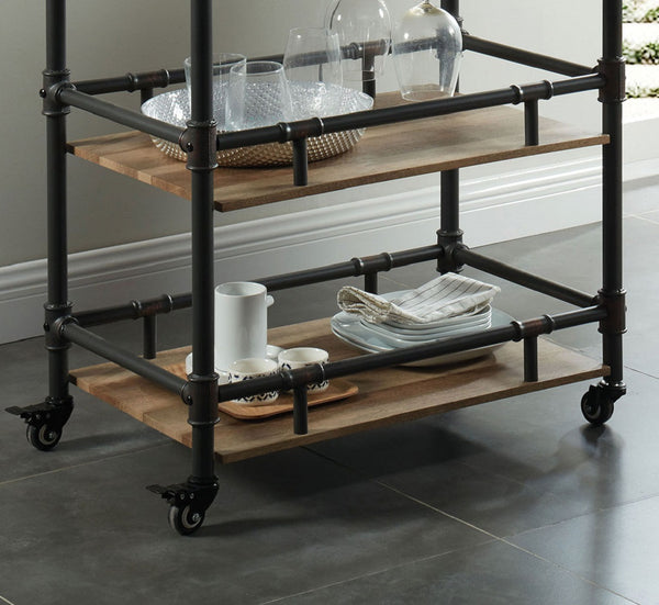 English Elm Industrial Industrial Style Antique Black Oak 3-Tier Serving Cart with Metal Pipe Frame, Wheels - Rustic Server B011P191544