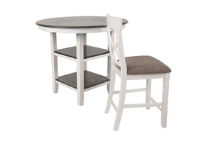 English Elm 5-pcs Modern Counter-Height Dining Set with Round Table, Under-Table Storage Shelves, 4 Chairs Antique White+Gray 46 L x 46 W x 16 H B089P240467