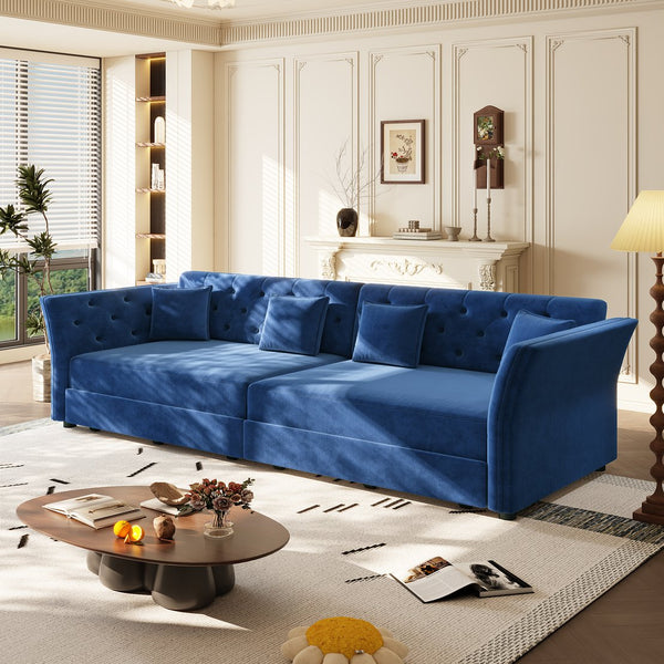 English Elm 100" Oversized Velvet Sleeper Sofa with Floral Tufted Cushions for Living Room Blue W1885S00303