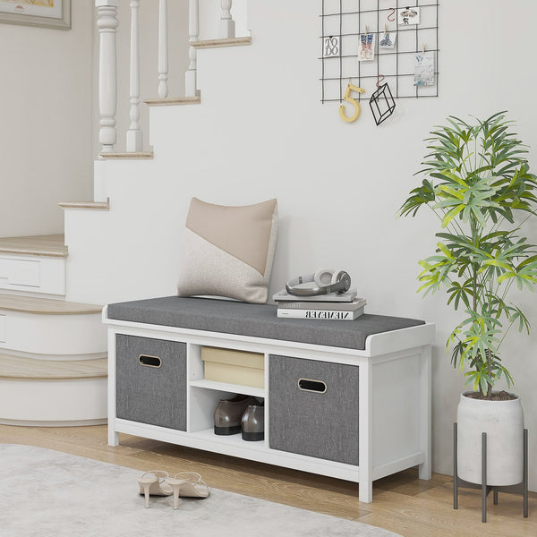 English Elm HOMCOM Padded Shoe Bench with Removable Linen Cover, 2 Fabric Drawers & Adjustable Shelf, White W2225P200685