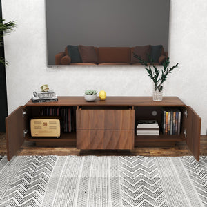 English Elm 58''tv Console Sculpted Spiral Wave Relief Walnut Mid-century Media Stand with Storage Walnut Brown W2263P412380
