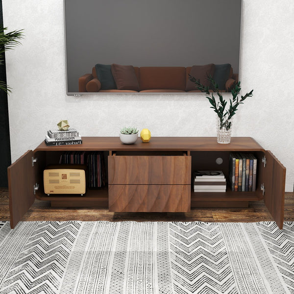 English Elm 58''tv Console Sculpted Spiral Wave Relief Walnut Mid-century Media Stand with Storage Walnut Brown W2263P412380