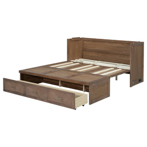 English Elm Queen Cabinet Murphy Bed Pine Wood Frame Geometric Panel Usb Charging Guest Room W504S00306
