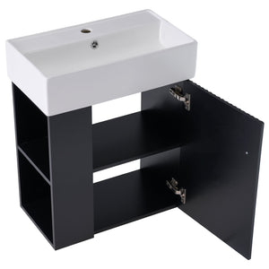 English Elm 21.6 Modern Floating Bathroom Vanity with Ceramic Basin, Wave Door, Rose Gold Handle, Space-Saving Black N729P170390B