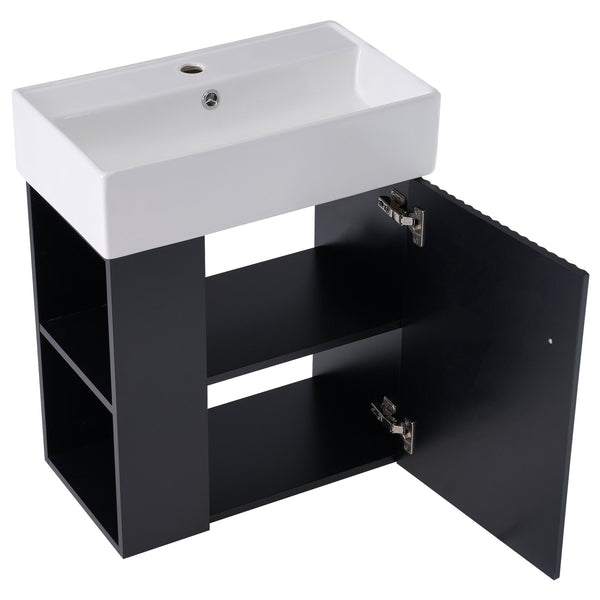 English Elm 21.6 Modern Floating Bathroom Vanity with Ceramic Basin, Wave Door, Rose Gold Handle, Space-Saving Black N729P170390B