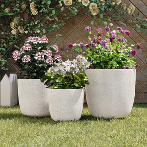 English Elm U_style Mgo Concrete Look Round Planters Set of 3 Lightweight Stackable Outdoor Pots White N711P406670A
