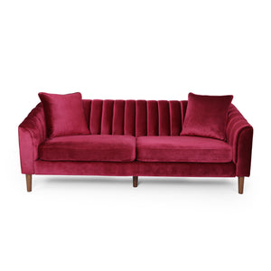 English Elm 3-seater Velvet Sofa with Button Tufting Shell Arms and Tapered Legs for Living Room Wine Red 66957.00ANVLTWINE_66957.00BNVLTWINE