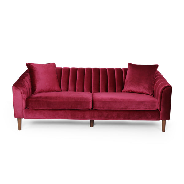 English Elm 3-seater Velvet Sofa with Button Tufting Shell Arms and Tapered Legs for Living Room Wine Red 66957.00ANVLTWINE_66957.00BNVLTWINE