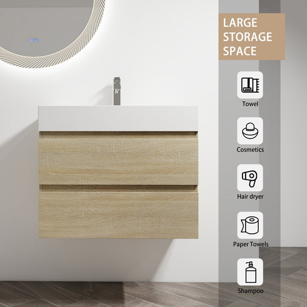 English Elm 30" Wall-Mounted Bathroom Vanity With Modern Resin Sink, Soft-Close Drawers, And Eco-Friendly Design W999S00197