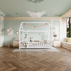 English Elm Twin Pine House Frame Floor Bed with Peaked Roof and Fence Guardrails for Kids White W1858P389938