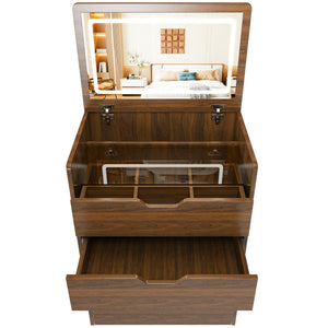 English Elm 3-in-1 Walnut Vanity Desk with Led Lighted Flip Mirror Stool Compact Bedroom Station W2699P404629