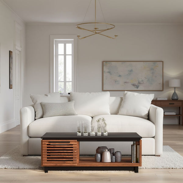 English Elm 47" Scandinavian-Inspired Coffee Table in Bourbon & Black Finish, Poplar/Okume, Concealed Storage, Fully Assembled B108P160164