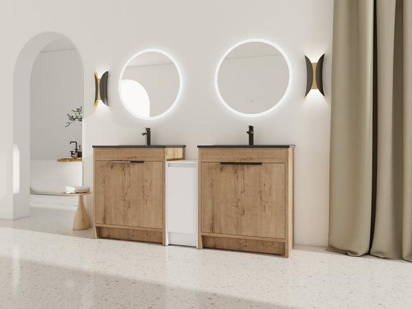 English Elm 72 Inch Freestanding Bathroom Vanity With Black Ceramic Sink, Soft-Close Doors & Ample Storage W999S00324