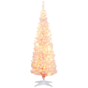 English Elm Homcom 5' Slim Snow-Flocked Pink Christmas Tree - Pre-Lit With 160 Warm White Leds, Perfect For Small Spaces W2225P249637