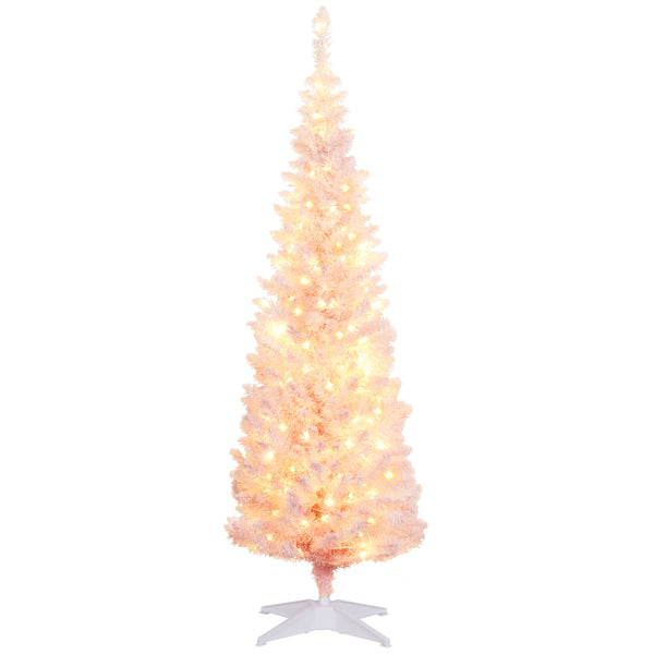 English Elm Homcom 5' Slim Snow-Flocked Pink Christmas Tree - Pre-Lit With 160 Warm White Leds, Perfect For Small Spaces W2225P249637