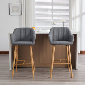 English Elm Modern Linen Upholstered Barstools with Oak Legs Armrests and Footrest for Kitchen Islands Gray W395P396316