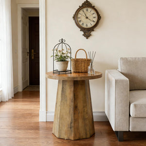 English Elm Wooden Round Side Table Compact Farmhouse End with Scratch Resistant Surface T3971P452664