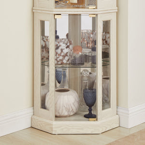 English Elm Corner Curio Cabinet Lighted Glass Display Case with Mirrored Back for Living Room Antique White W2275P194429