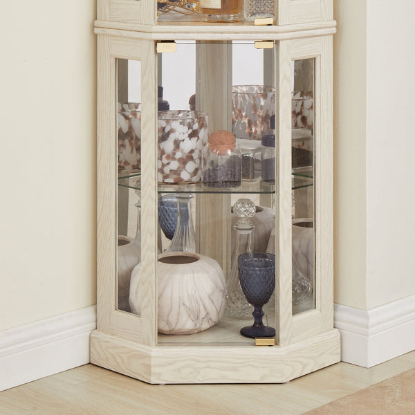 English Elm Corner Curio Cabinet Lighted Glass Display Case with Mirrored Back for Living Room Antique White W2275P194429