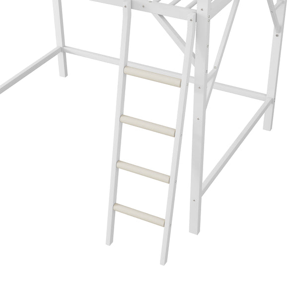 English Elm Full Size Loft Bed with Ladder and Built-In Shelves, Sturdy Metal High Loft for Kids Teens 54" White W2580P379995