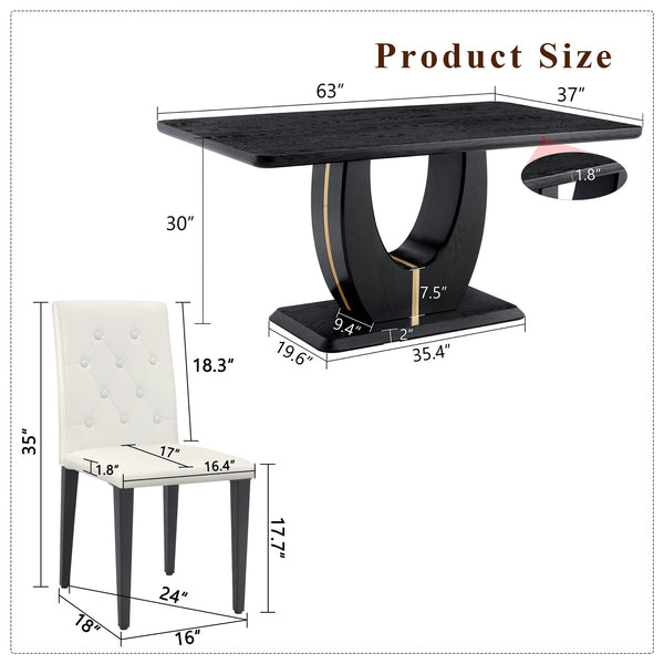 English Elm Black Wood Grain Mdf Dining Table Set Six Pu Leather Chairs Buckle Backrest Modern W1151S04472