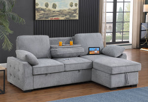 English Elm Marcello Chenille Sleeper Sectional with Reversible Chaise Storage and Charging Console Light Gray B2749S00163