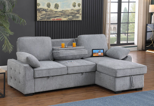 English Elm Marcello Chenille Sleeper Sectional with Reversible Chaise Storage and Charging Console Light Gray B2749S00163