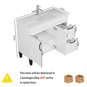 English Elm 39.4-inch White Bathroom Vanity with Sink Soft Close Doors Deep Drawers Black Hardware W3151S00076