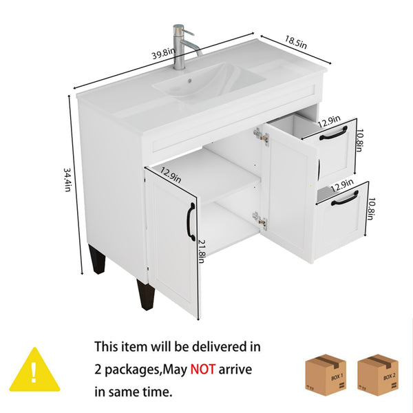 English Elm 39.4-inch White Bathroom Vanity with Sink Soft Close Doors Deep Drawers Black Hardware W3151S00076