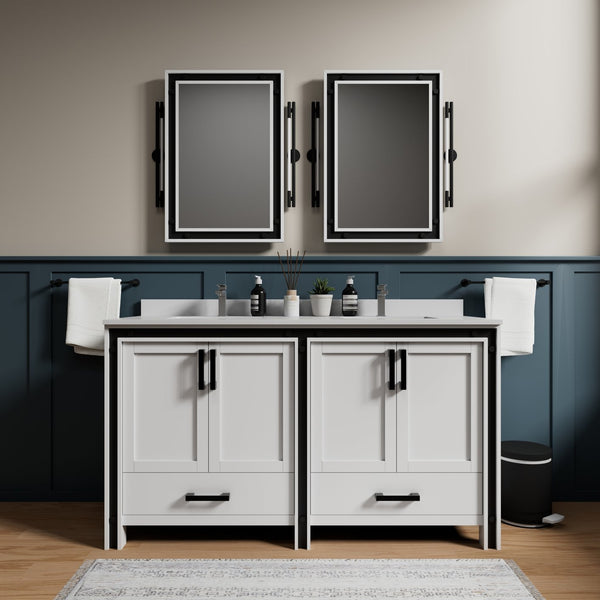 English Elm White Double Bath Vanity 60 in W x 22 in D with White Quartz Countertop, Chrome Faucet & Mirrors B2731S01126