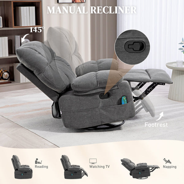 English Elm HOMCOM Oversized Vibration Massage Recliner with Heat, Swivel Rocker, Footrest, Remote, Pockets W2225P217222