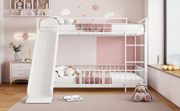 English Elm Full Full over Full Metal Bunk Bed with Slide, Interchangeable Stairs, Gate & Safety Guardrails for Kids White SF000170AAK