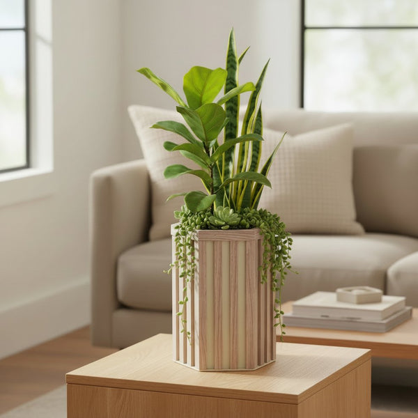 English Elm Hexagon Column Aluminum Planter Geometric Outdoor Pot with Wood Tone Powder Coat Finish Ash Brown B2755P462183