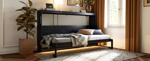 English Elm Twin-size Murphy Wall Bed with Led Lighting Usb Outlet and Decorative Printed Panel Black LP000355AAB
