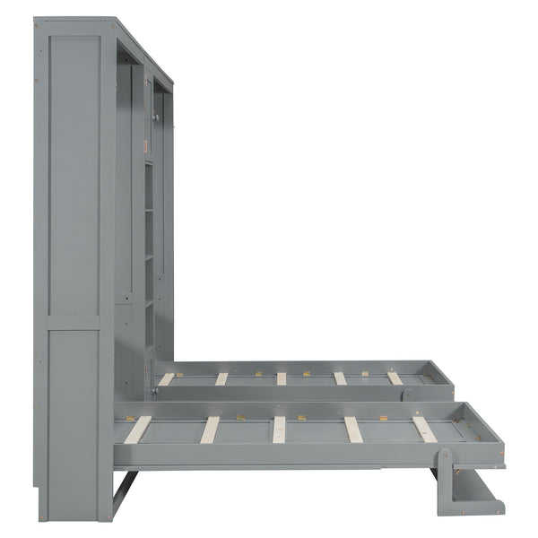 English Elm Dual Twin Murphy Beds with Built-In Cabinets & Shelves for Space-Saving Guest Rooms and Studios Gray N820S00058E