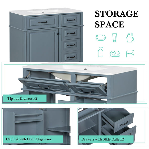 English Elm 36-Inch Modern Bathroom Vanity With Ceramic Sink Top, Storage Drawers, And Stylish Blue Gray Finish N725P350849E