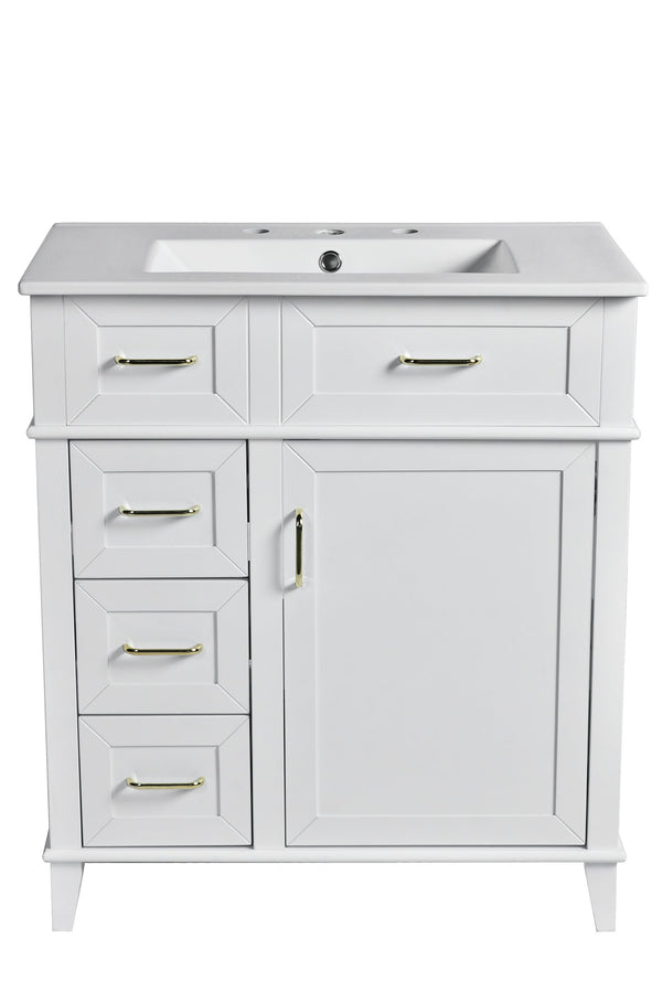 English Elm 30-Inch Bathroom Vanity with Ceramic Sink, Gold Handles, Solid Wood Frame and Soft-Close Drawers White N729P195052K