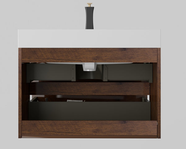 English Elm Alice Floating Bathroom Vanity Rosewood Finish Engineered Stone Basin Triple Drawer W1865S00236