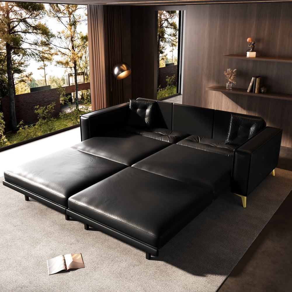 English Elm 92.1"King 3-in-1 Convertible Sleeper Sofa Bed with Tufted Faux Leather, Ultra-Wide Arms, 4-Seater Couch Black W1885S00208