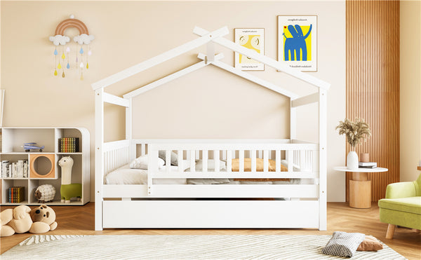 English Elm Full Size Pine House Bed with Roofline Frame and Roll Out Twin Trundle for Kids LP100306AAK