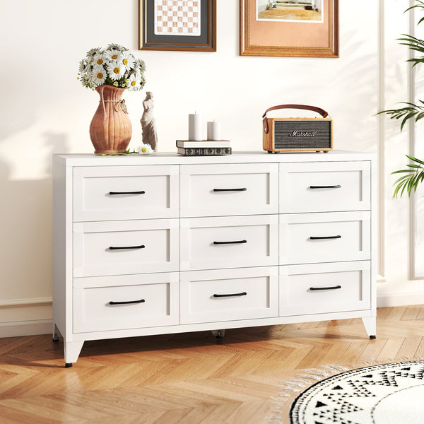 English Elm 9 Drawer Steel Dresser Low Profile White Powder Coated Frame Quiet Glide Bedroom Storage T2398P465982