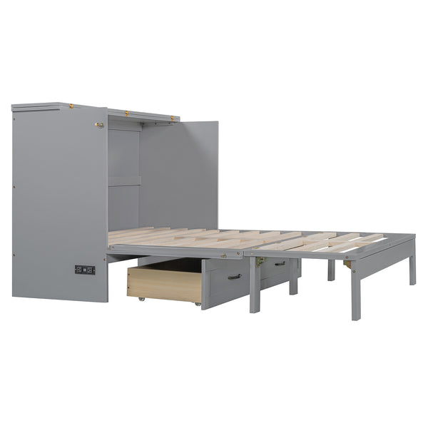 English Elm Full Size Murphy Bed Rattan Cabinet with Storage Drawers and Gold Hardware Gray N708S00009E