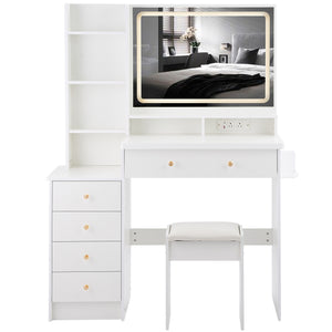 English Elm 41" Luxury Vanity Table Set With Stool, Integrated Power, Led Mirror & Hair Dryer Stand - Stylish Design W936P230832