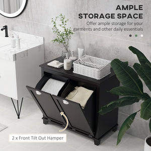 English Elm HOMCOM Modern Dual Tilt-Out Laundry Hamper Cabinet with 2 Compartments, Water-Resistant MDF, Black W2225P200452