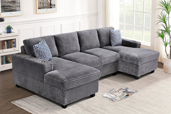 English Elm Multifunctional Corduroy Modular Sectional with Dual Chaise Cup Holders Living Room Dark Gray B2730S00072