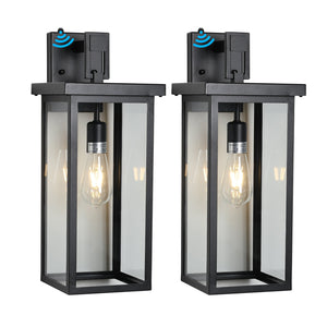 English Elm 20"(H) Set Of 2 Modern Outdoor Wall Lanterns - Black Metal Frame, Clear Glass, Dusk-To-Dawn Sensors W2312P374777