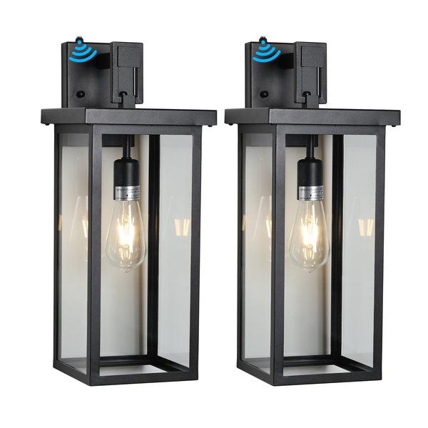 English Elm 20"(H) Set Of 2 Modern Outdoor Wall Lanterns - Black Metal Frame, Clear Glass, Dusk-To-Dawn Sensors W2312P374777