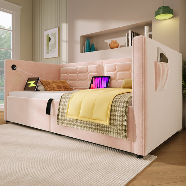English Elm Upholstered Twin Daybed with Hydraulic Storage, Velvet Tufted Sofa Back, USB & Type-C Charging Port Pink N736P303402P
