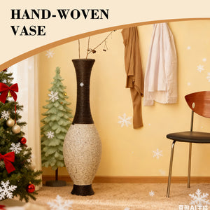 English Elm 39-Inch Tall Standing Designer Floor Vase with Brushed Gold Accents, Durable PVC Rattan Texture, Elegant Home Accent White+Black W2796P193946